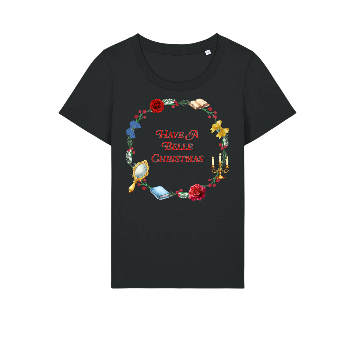 Belle Christmas Wreath - Ladies Fitted T-Shirt - Black (front)