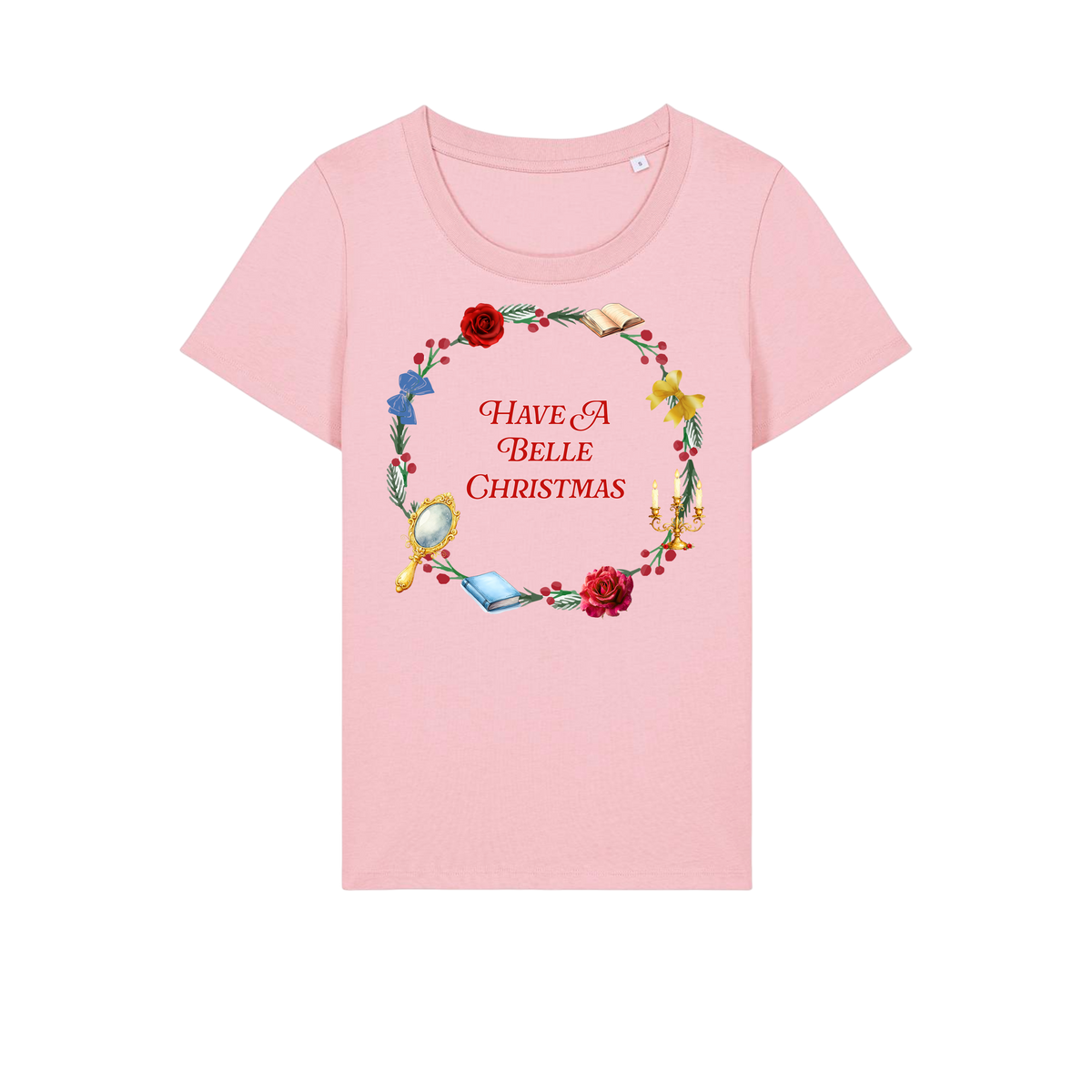 Belle Christmas Wreath - Ladies Fitted T-Shirt - Cotton Pink (front)