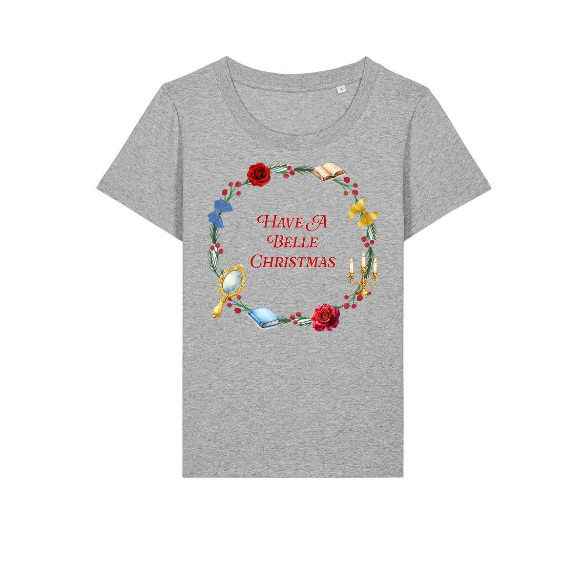 Belle Christmas Wreath - Ladies Fitted T-Shirt - Heather Grey (front)