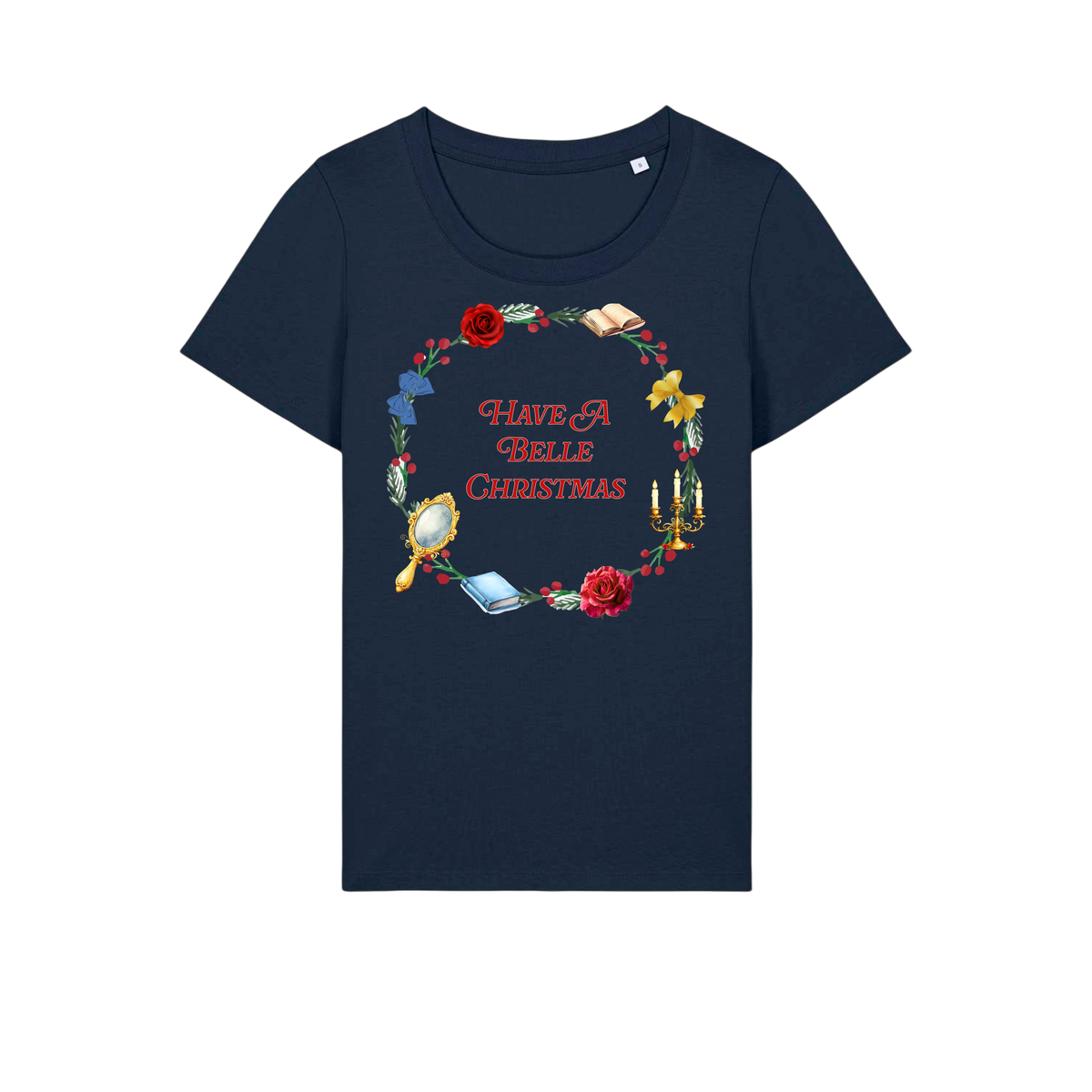 Belle Christmas Wreath - Ladies Fitted T-Shirt - French Navy (front)