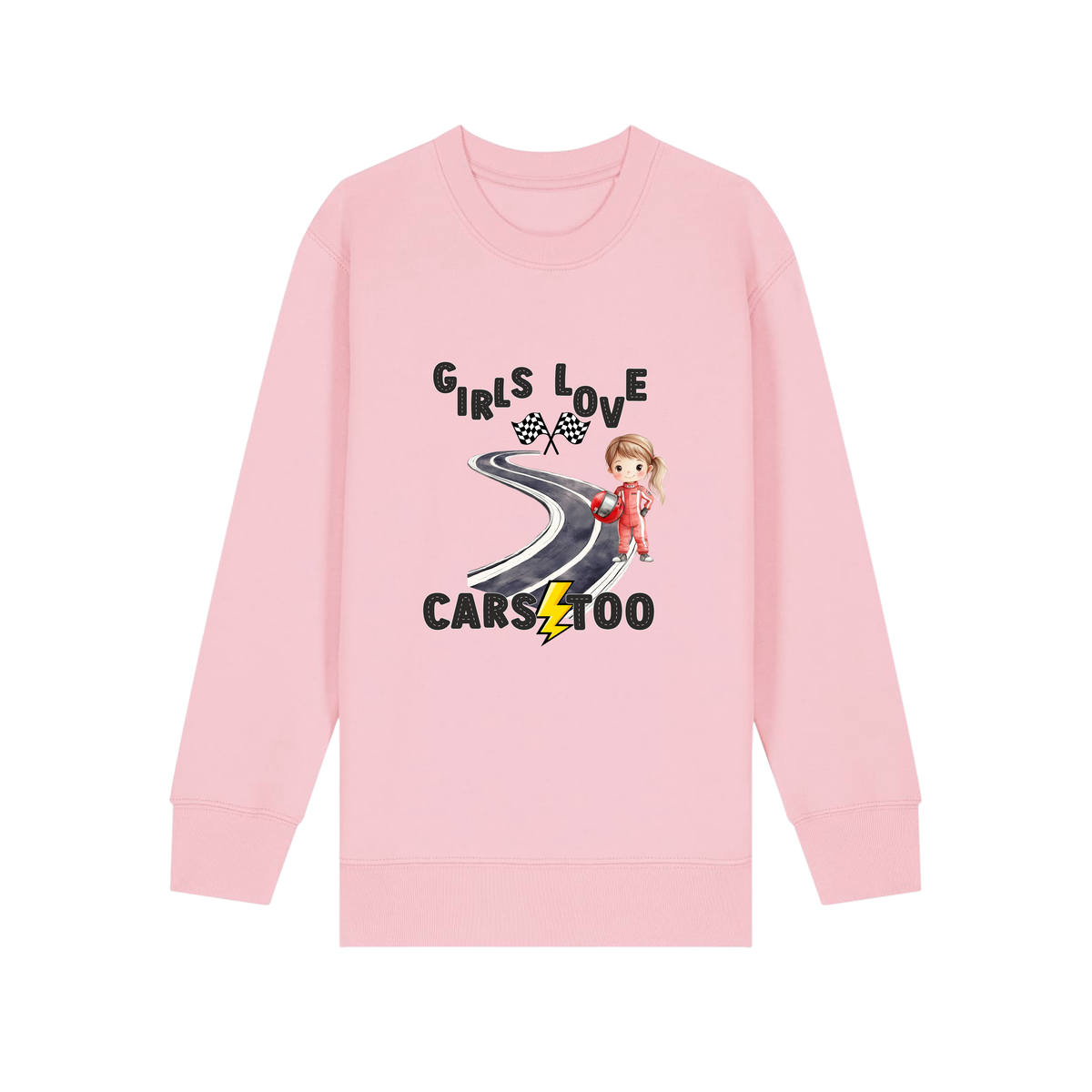 Girls Love Cars - Kids Sweatshirt - Cotton Pink (front)