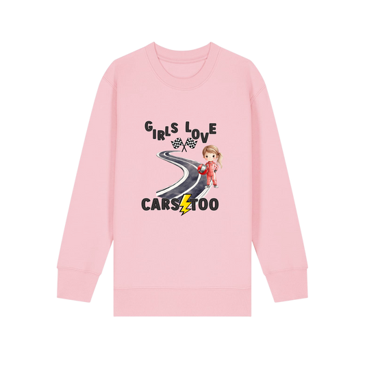 Girls Love Cars - Kids Sweatshirt - Cotton Pink (front)