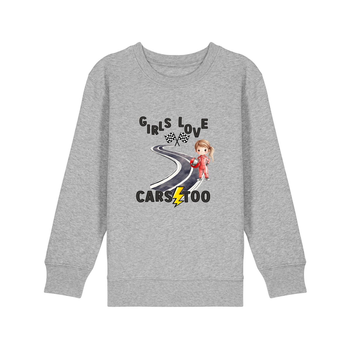 Girls Love Cars - Kids Sweatshirt - Heather Grey (front)