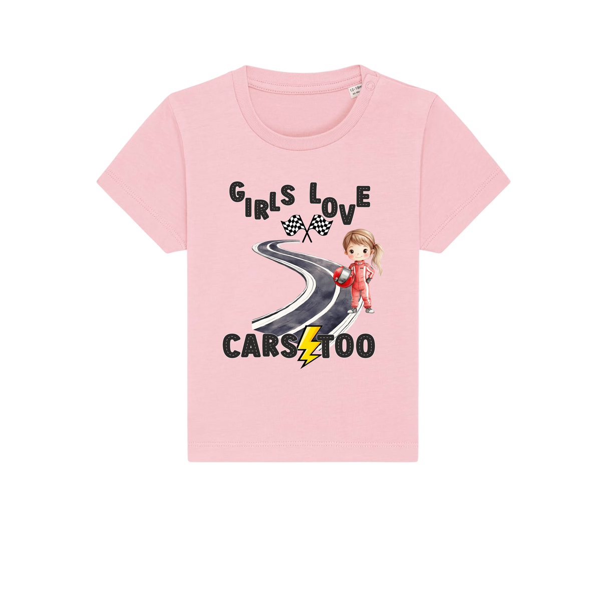 Girls Love Cars - Baby T-Shirt - Cotton Pink (front)