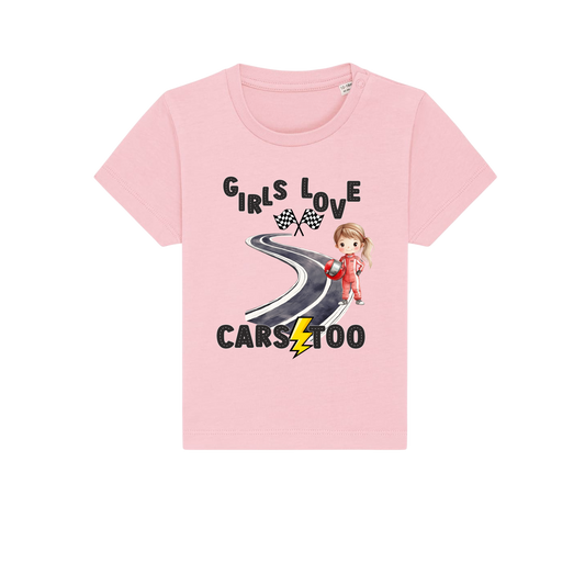 Girls Love Cars - Baby T-Shirt - Cotton Pink (front)