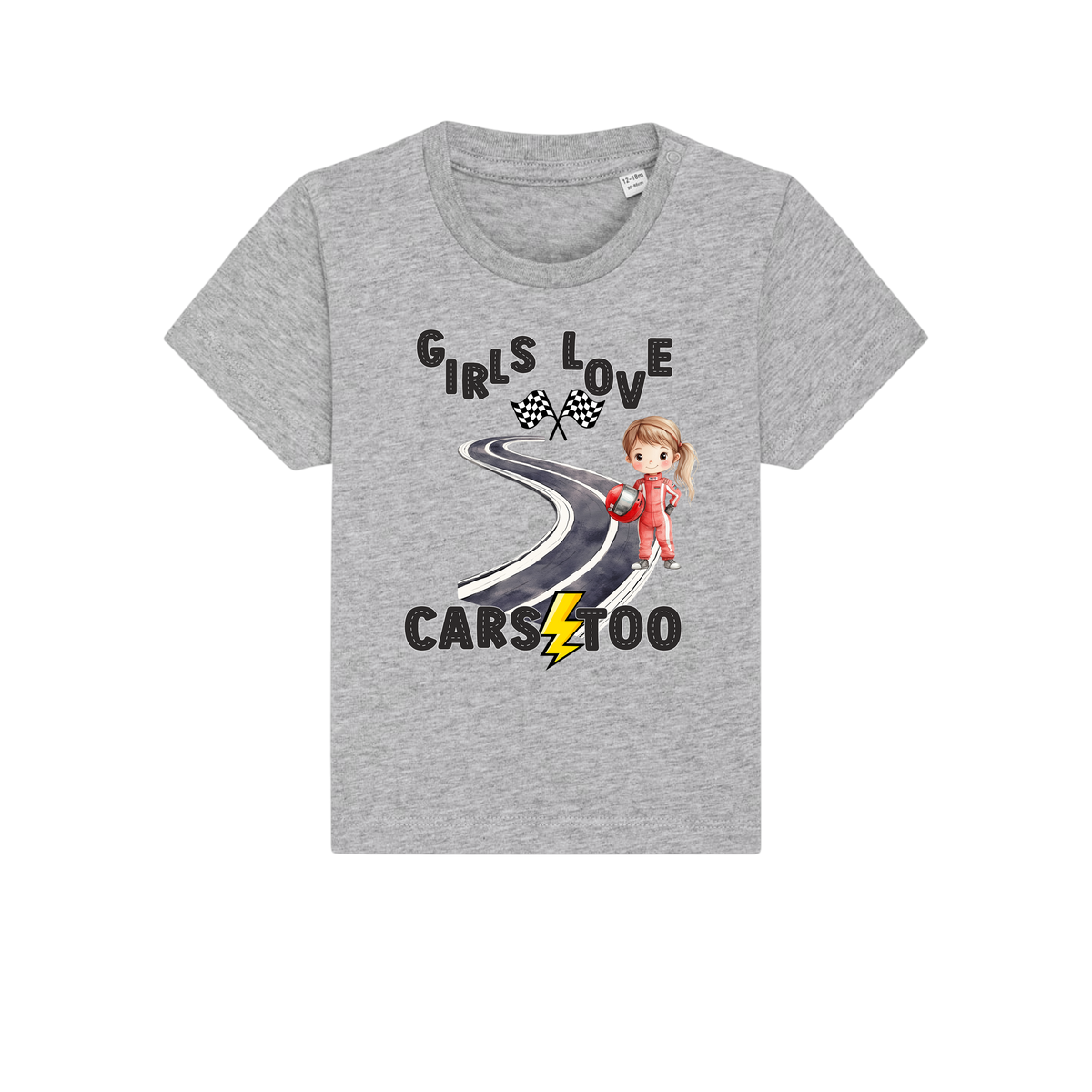 Girls Love Cars - Baby T-Shirt - Heather Grey (front)
