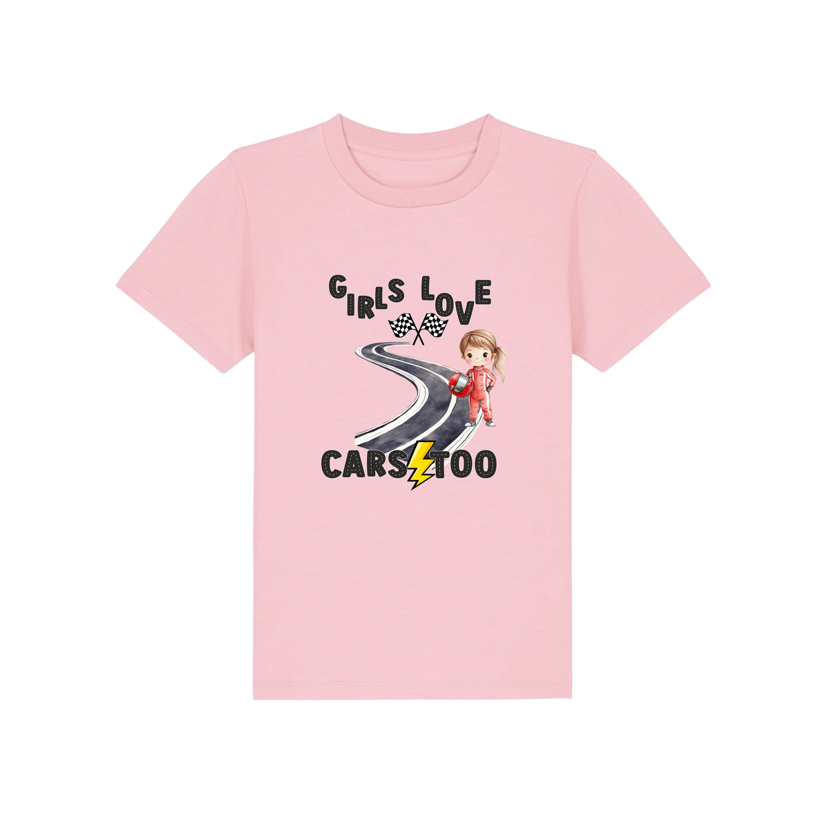 Girls Love Cars - Kids T-Shirt - Cotton Pink (front)
