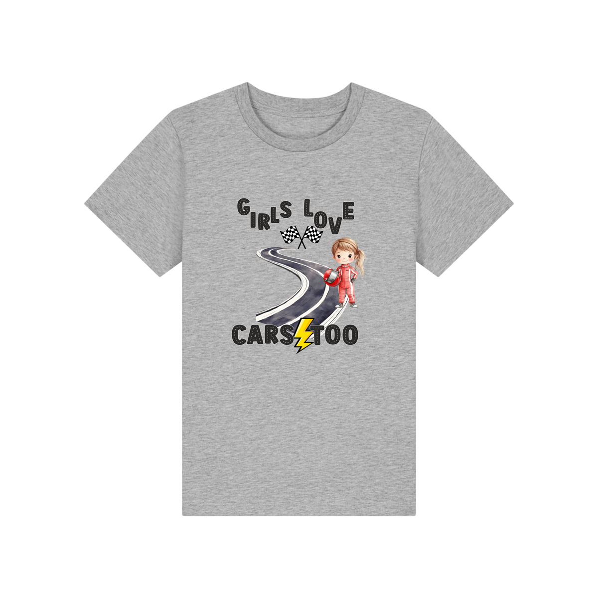 Girls Love Cars - Kids T-Shirt - Heather Grey (front)