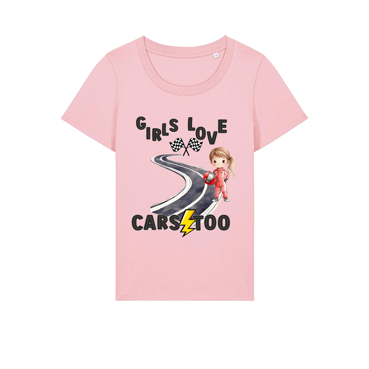Girls Love Cars - Ladies Fitted T-Shirt - Cotton Pink (front)