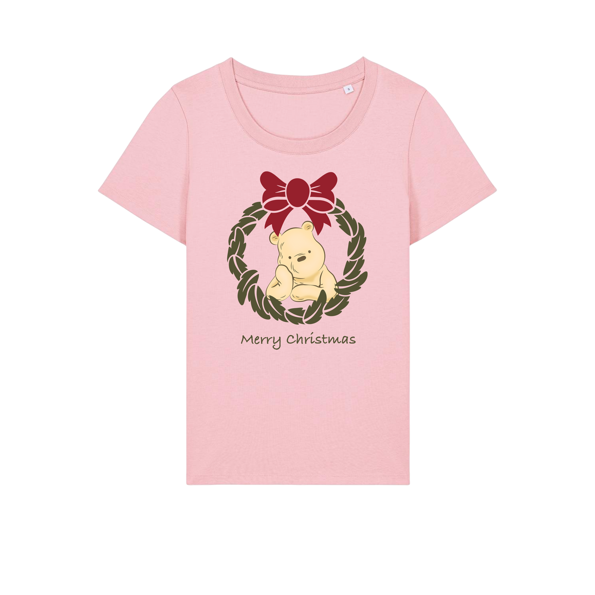 Pooh Bear Wreath - Ladies Fitted T-Shirt - Cotton Pink (front)