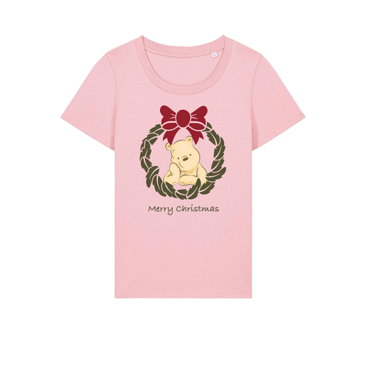 Pooh Bear Wreath - Ladies Fitted T-Shirt - Cotton Pink (front)