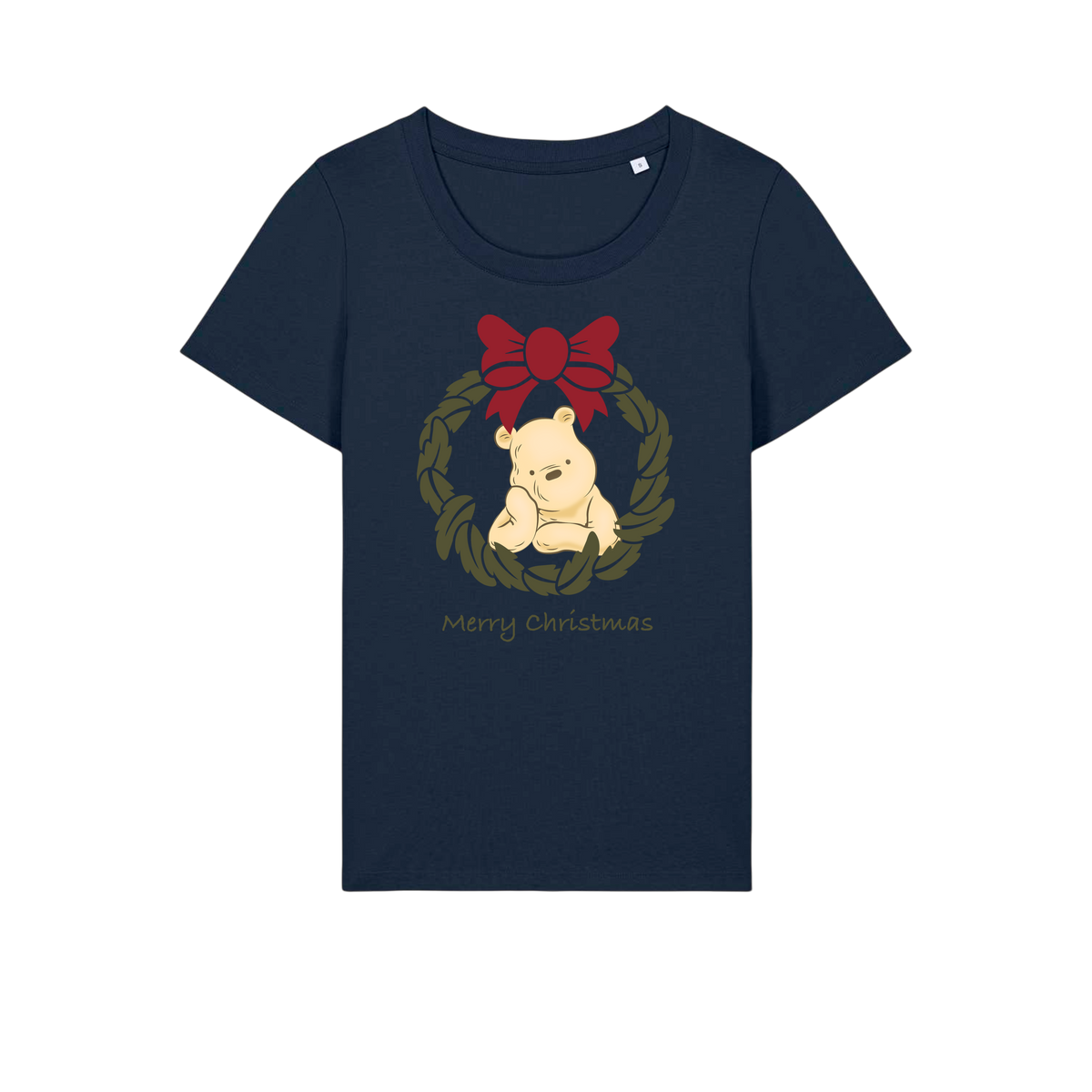 Pooh Bear Wreath - Ladies Fitted T-Shirt - French Navy (front)